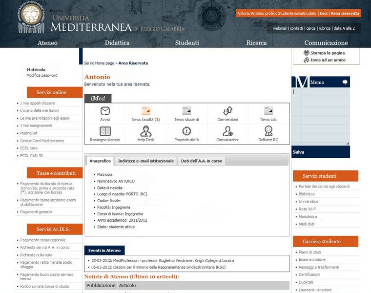 Nuova area riservata Intranet studenti